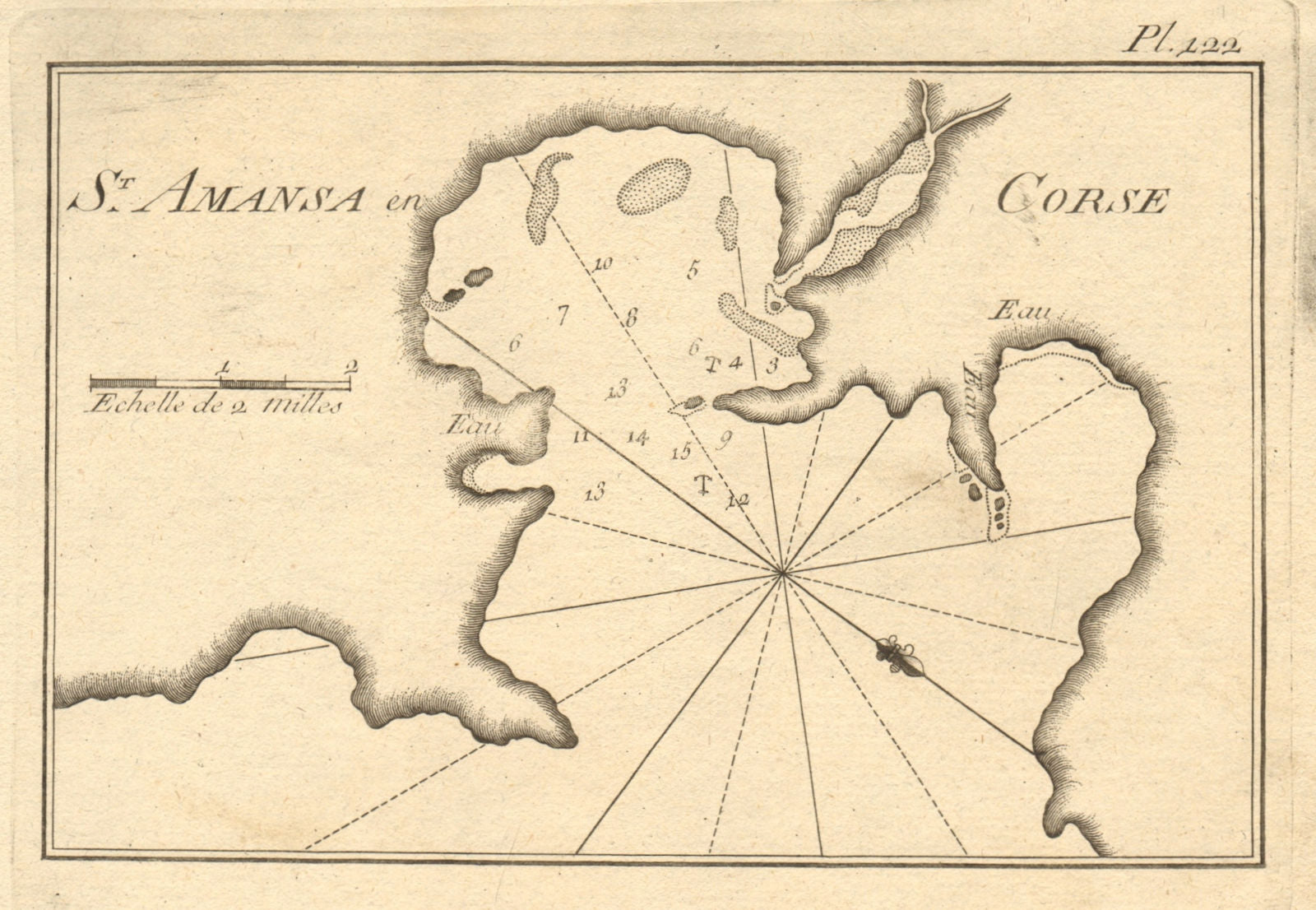 St. Amasa en Corse. Sant'Amanza bay (Beach Maora). Corsica France. ROUX 1804 map